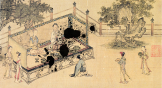 Scene from "Illustrations of the Classic of Filial Piety", depicting a son kneeling before his parents.