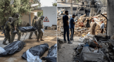 Left: Casualties from the Israeli forces fighting against the Islamist Hamas militants. Right: The aftermath of the Israeli airstrikes on Gaza.