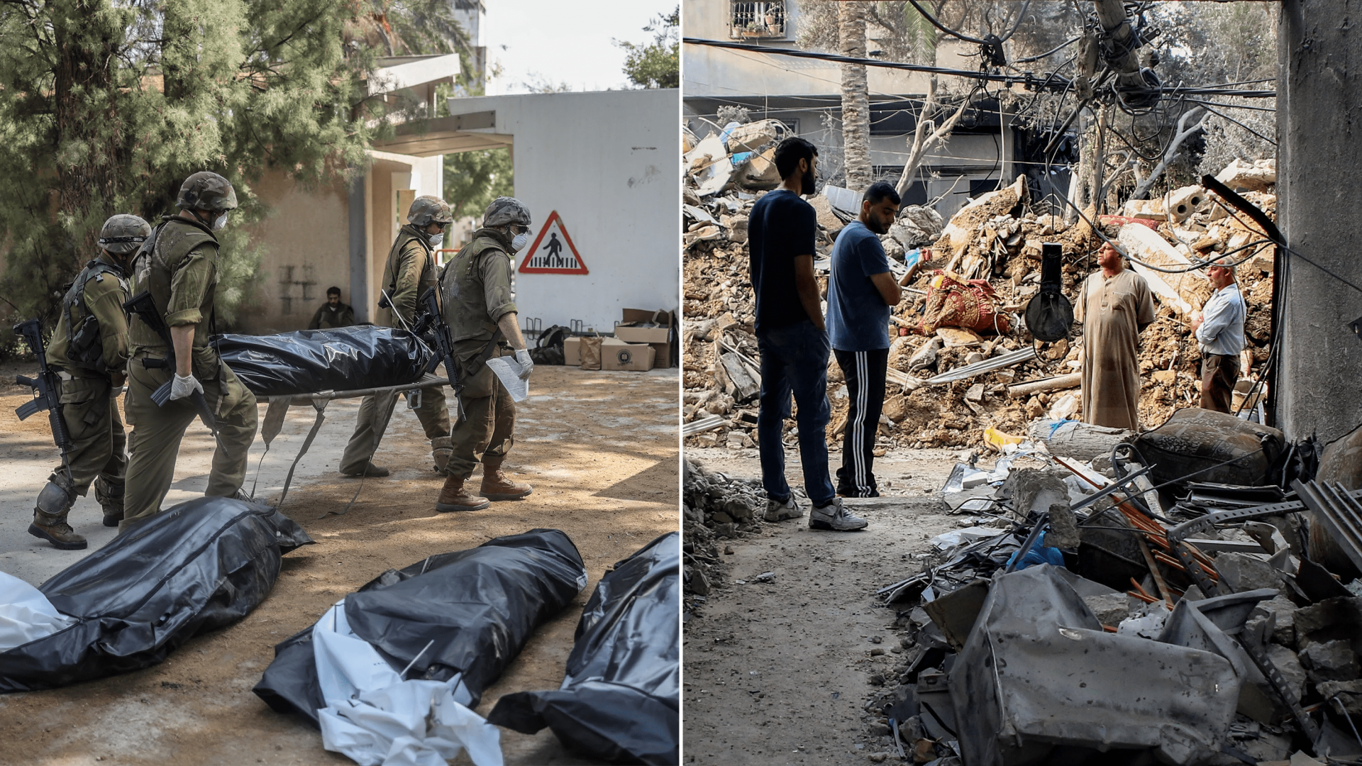 Left: Casualties from the Israeli forces fighting against the Islamist Hamas militants. Right: The aftermath of the Israeli airstrikes on Gaza.