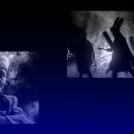 A shaman in smoke and a shaman dancing around a fire